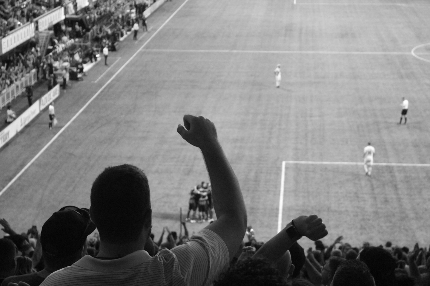 Spectator with a raised fist celebrates during a stadium game.